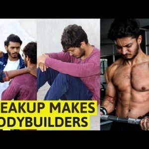3 Images showing the stages of a break up from sad to Body builder