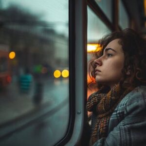 A woman sadly looking out of the window while riding the tram.