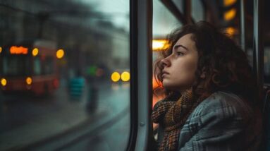 A woman sadly looking out of the window while riding the tram.