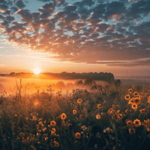 A wonderful sunrise over a meadow and lake.