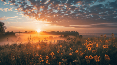 A wonderful sunrise over a meadow and lake.