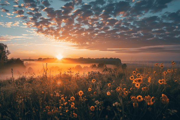 A wonderful sunrise over a meadow and lake.