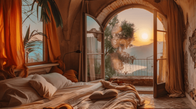 A sunrise seen from a bedroom.