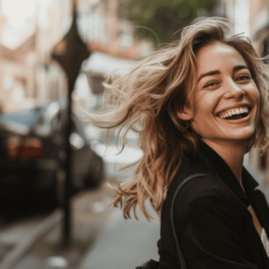 A happy woman out for a walk.