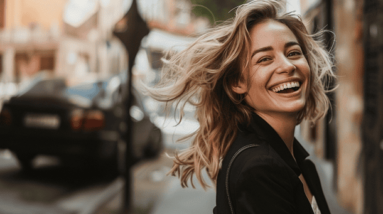 A happy woman out for a walk.