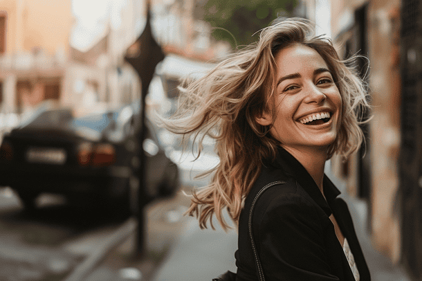 A happy woman out for a walk.