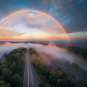 A rainbow over a highway early in the morning.