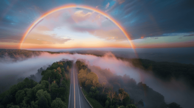 A rainbow over a highway early in the morning.