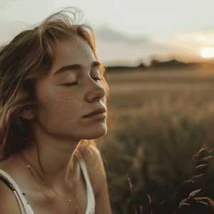A woman with closed eyes with a sunrise in the background.