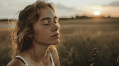 A woman with closed eyes with a sunrise in the background.