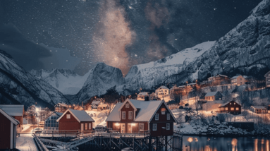 Night in a wintery landscape with red houses in the background.