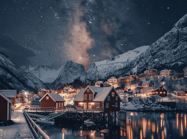 Night in a wintery landscape with red houses in the background.