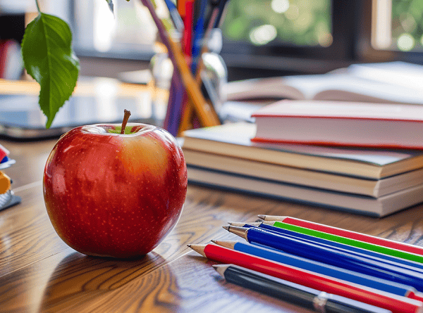 An apple and pens on a school desk.