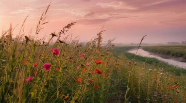 A photo of a morning in nature with red flowers in the foreground.