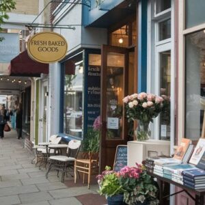 A morning on a city street with shops open and books out on displey.