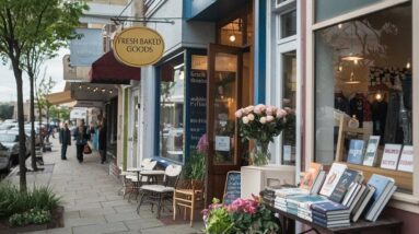 A morning on a city street with shops open and books out on displey.