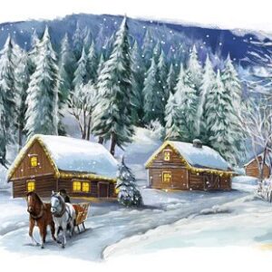 A painted Christmas scene with small houses, a decorated tree and a sleigh drawn by horses.