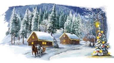 A painted Christmas scene with small houses, a decorated tree and a sleigh drawn by horses.