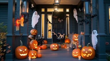 A porch decorated with ghosts and pumpkins for Halloween.