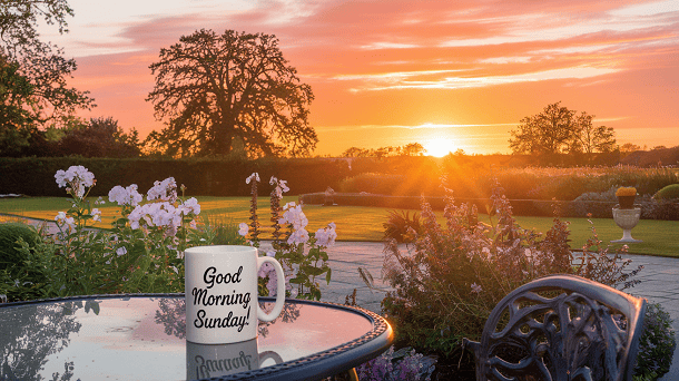 A sunrise in the distance seen from a garden. There is a mug with the writing Good Morning Sunday on it standing on a patio table.