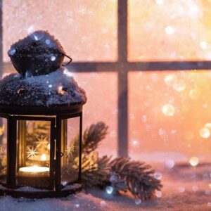 A Christmas lantern out in the snowy weather in front of a window.