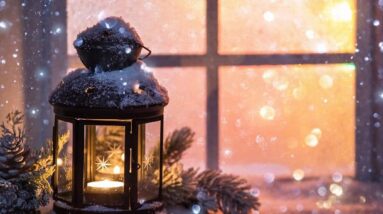 A Christmas lantern out in the snowy weather in front of a window.