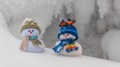 Two tiny snowmen standing in the snow of winter.