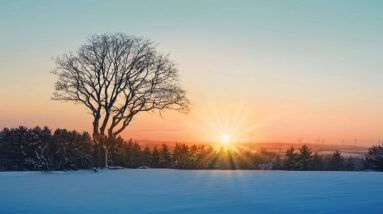 A sunrise in January over a cold and snowy landscape.