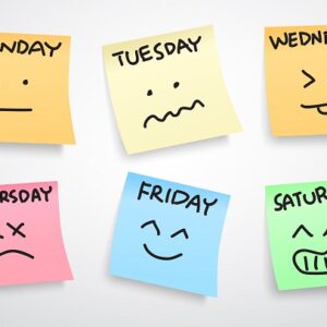 Funny faces on post-its. One for each day of the week (except Sunday), describing the mood for that day.