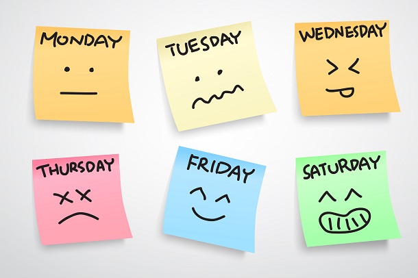 Funny faces on post-its. One for each day of the week (except Sunday), describing the mood for that day.