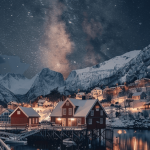 A night in winter in a small town on the coast with red houses and a starry night above.