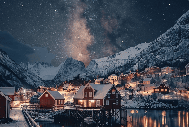 A night in winter in a small town on the coast with red houses and a starry night above.