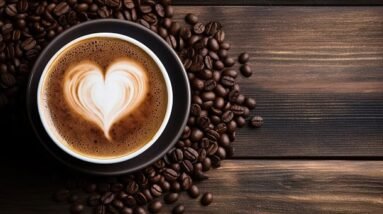 A cup of coffee with a white heart in the foam and coffee beans strewn around the cup.