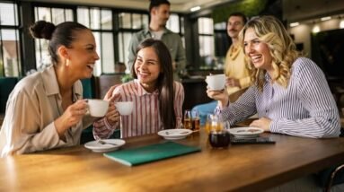 Three women laughing while sitting in a cafe with coffee cups in their hands.