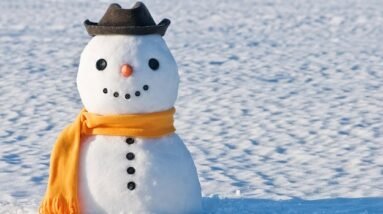 A smiling snowman standing in a field.
