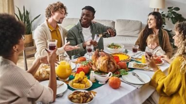 Friends having a Thanksgiving meal together.