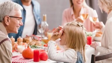 A family at Thanksgiving dinner.