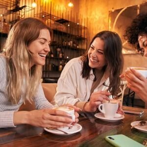 Three laughing women having a cup of coffee.